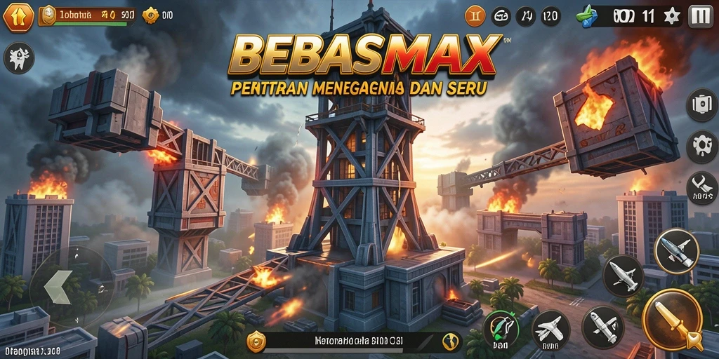 Screenshot gameplay BEBASMAX menampilkan aksi pertahanan menara yang intens.