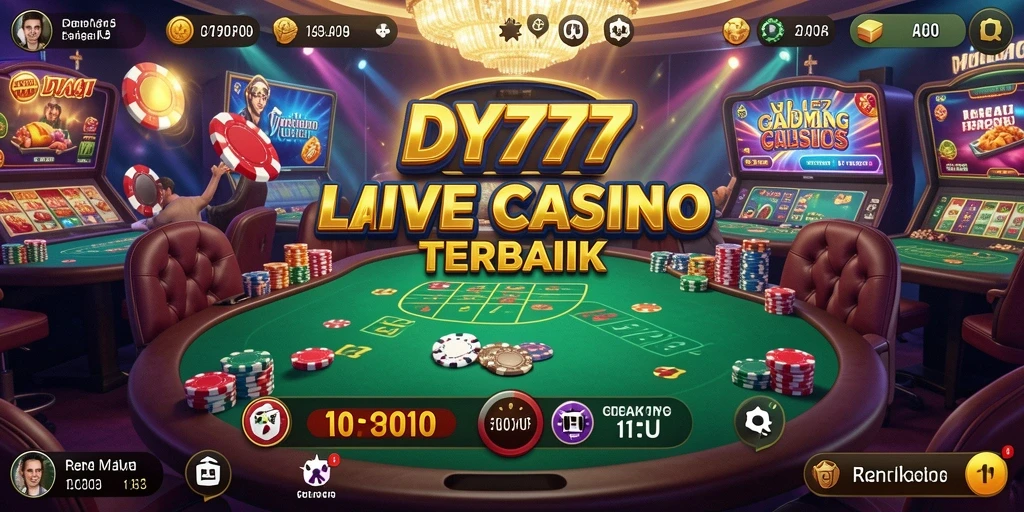 Screenshot dari gameplay DY777 yang menampilkan dealer dan suasana kasino langsung.