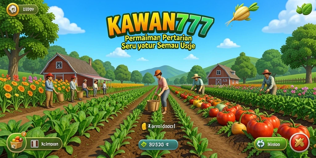 Screenshot gameplay <strong>KAWAN777</strong> menunjukkan ladang yang hijau dan hewan ternak yang ceria.
