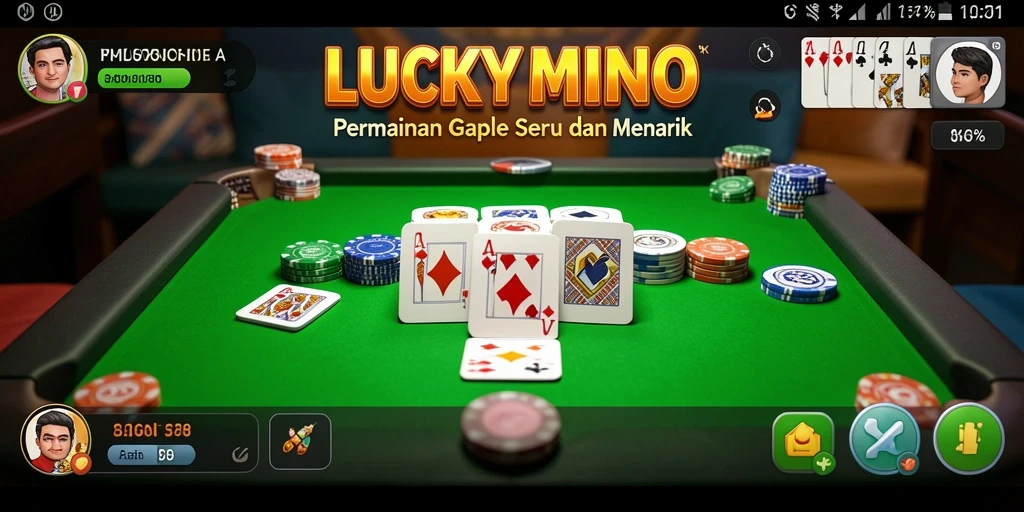 Screenshot gameplay LUCKYMINO menampilkan suasana permainan Gaple yang seru.