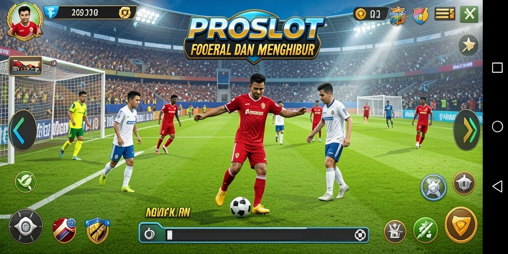Tangkapan layar gameplay PROSLOT dengan aksi pertandingan sepak bola yang mendebarkan.