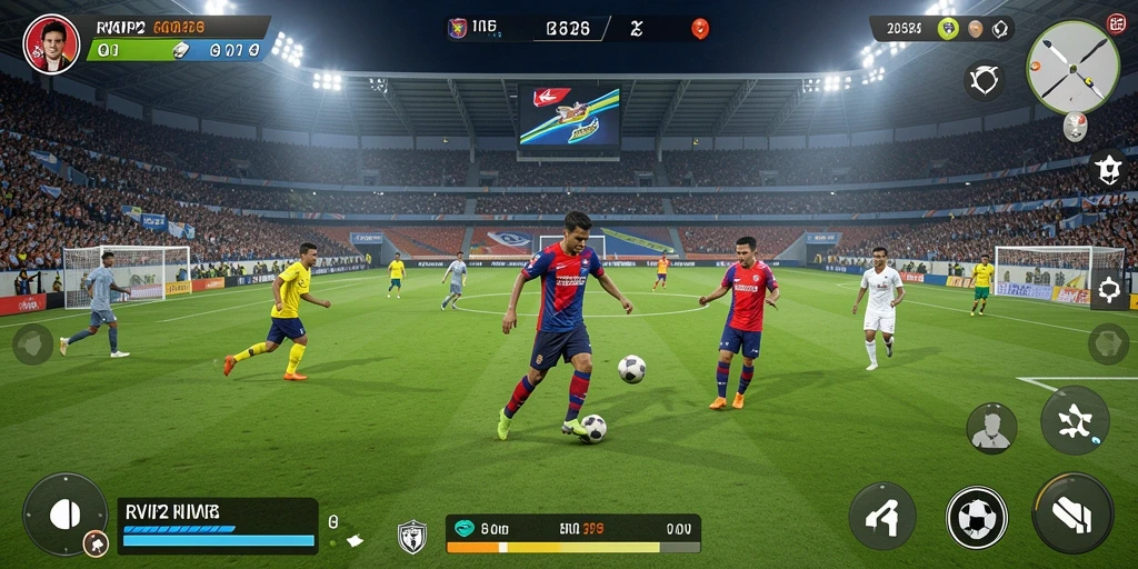 Tampilan gameplay seru di RVIP2 dengan aksi sepak bola penuh semangat.