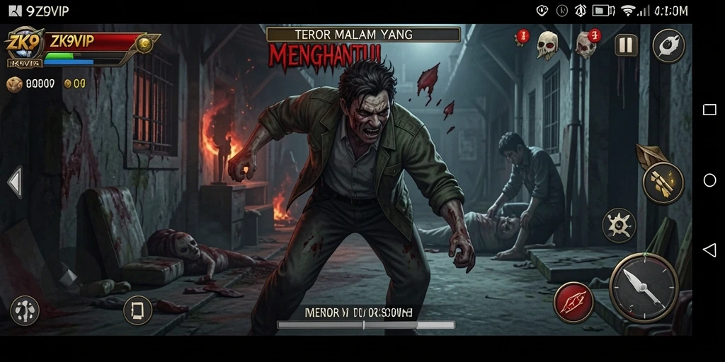 Gameplay ZK9VIP menampilkan suasana mencekam dan hantu yang siap menyerang.